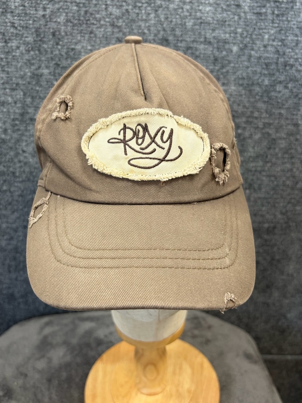 Roxy Brown Distressed Canvas Baseball Cap with Cream Patch